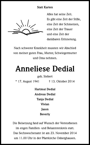 Anzeige von Anneliese Dedial von Kölner Stadt-Anzeiger / Kölnische Rundschau / Express