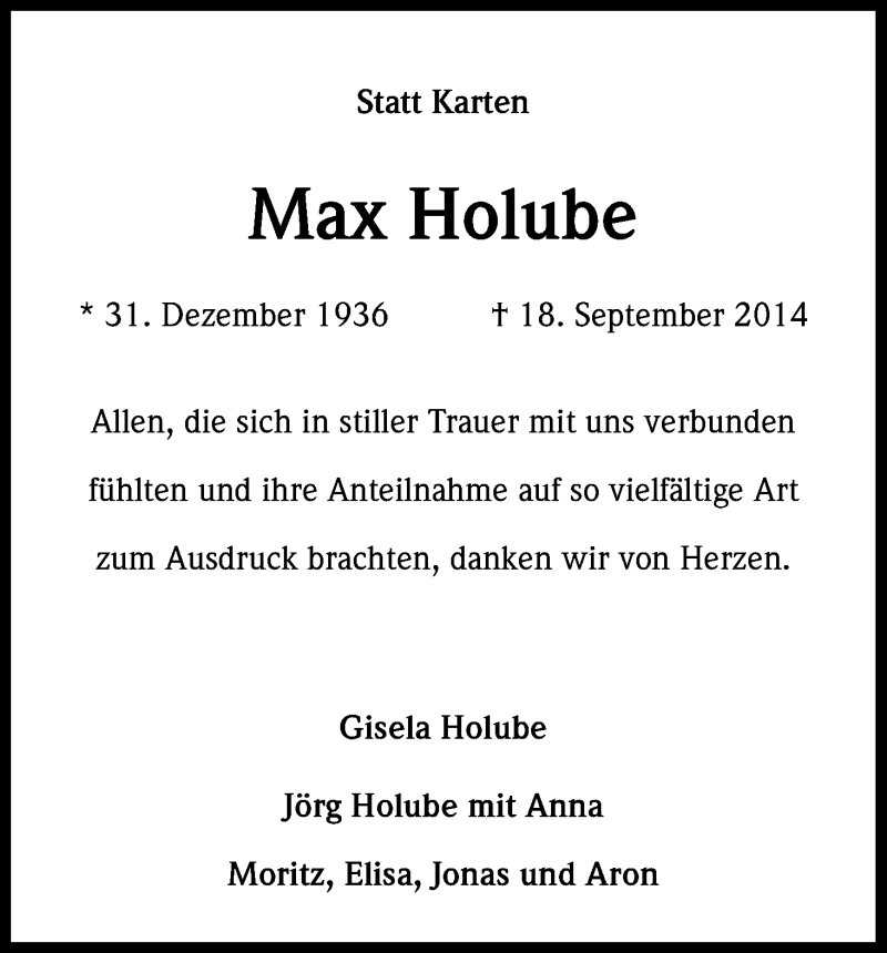  Traueranzeige für Max Holube vom 07.11.2014 aus Kölner Stadt-Anzeiger / Kölnische Rundschau / Express