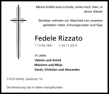 Anzeige von Fedele Rizzato von Kölner Stadt-Anzeiger / Kölnische Rundschau / Express