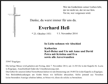 Anzeige von Everhard Heß von Kölner Stadt-Anzeiger / Kölnische Rundschau / Express
