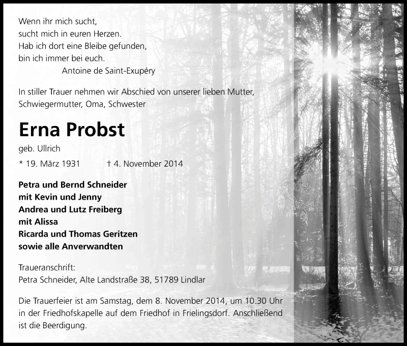 Traueranzeige für Erna Probst vom 06.11.2014 aus Kölner Stadt-Anzeiger / Kölnische Rundschau / Express