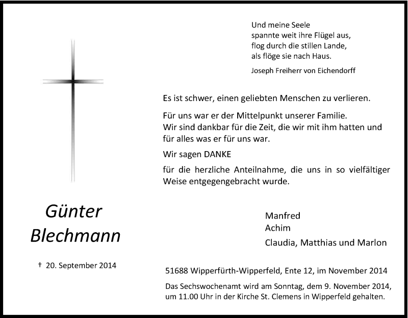  Traueranzeige für Günter Blechmann vom 07.11.2014 aus Kölner Stadt-Anzeiger / Kölnische Rundschau / Express