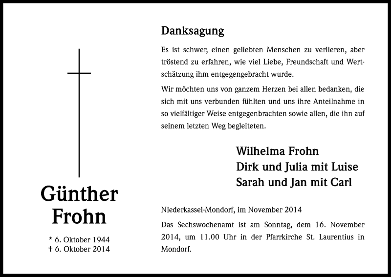  Traueranzeige für Günther Frohn vom 08.11.2014 aus Kölner Stadt-Anzeiger / Kölnische Rundschau / Express