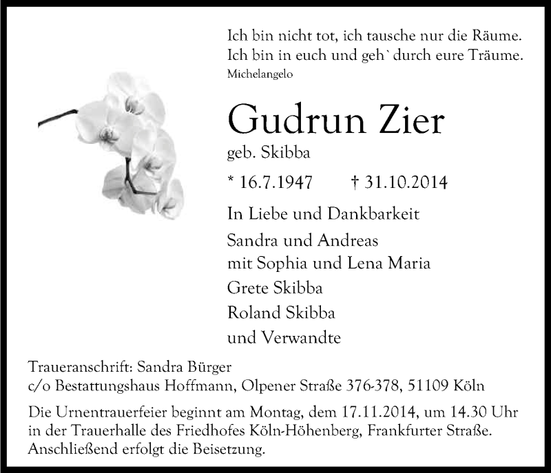  Traueranzeige für Gudrun Zier vom 08.11.2014 aus Kölner Stadt-Anzeiger / Kölnische Rundschau / Express