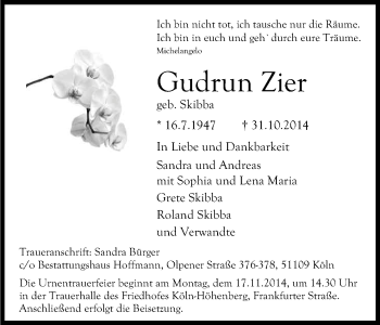 Anzeige von Gudrun Zier von Kölner Stadt-Anzeiger / Kölnische Rundschau / Express