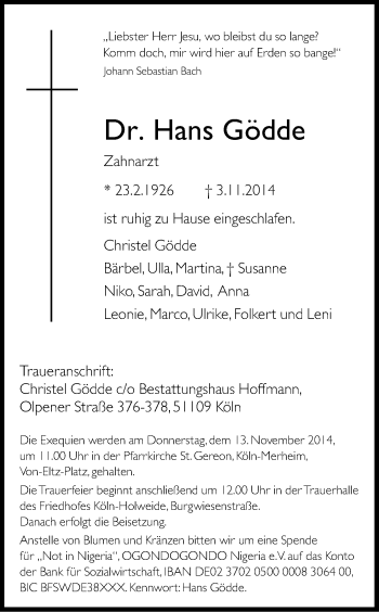Anzeige von Hans Gödde von Kölner Stadt-Anzeiger / Kölnische Rundschau / Express