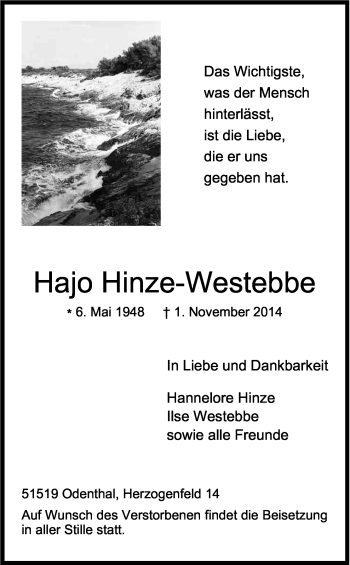 Anzeige von Hajo Hinze-Westebbe von Kölner Stadt-Anzeiger / Kölnische Rundschau / Express