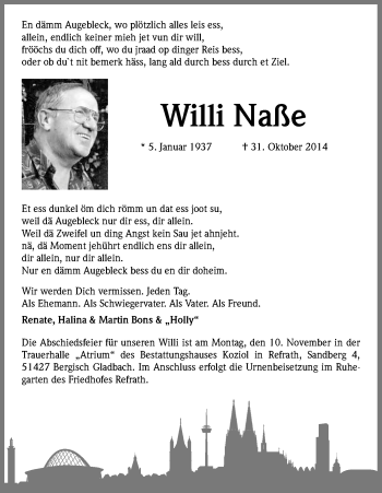 Anzeige von Willi Naße von Kölner Stadt-Anzeiger / Kölnische Rundschau / Express