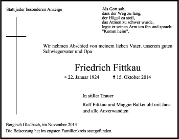 Anzeige von Friedrich Fittkau von Kölner Stadt-Anzeiger / Kölnische Rundschau / Express