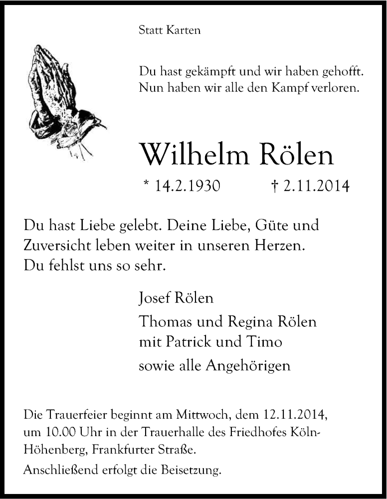  Traueranzeige für Wilhelm Rölen vom 08.11.2014 aus Kölner Stadt-Anzeiger / Kölnische Rundschau / Express