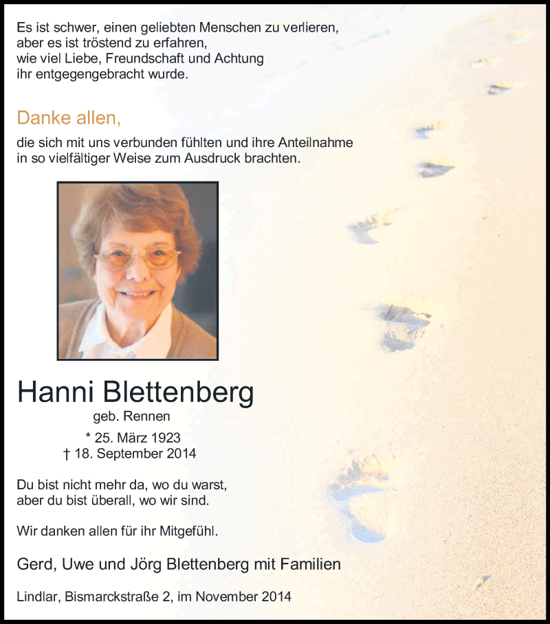  Traueranzeige für Hanni Blettenberg vom 08.11.2014 aus Kölner Stadt-Anzeiger / Kölnische Rundschau / Express