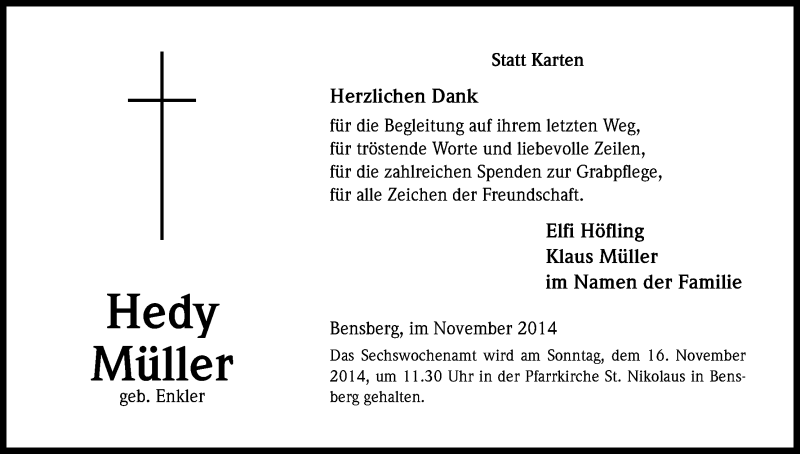  Traueranzeige für Hedy Müller vom 08.11.2014 aus Kölner Stadt-Anzeiger / Kölnische Rundschau / Express