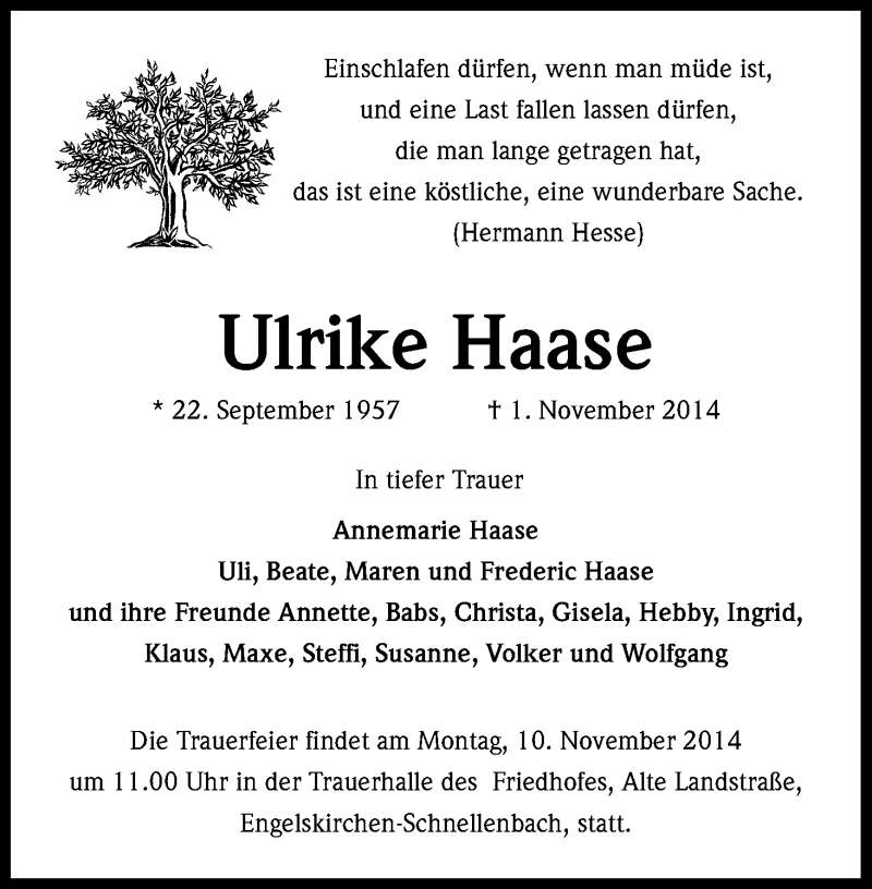  Traueranzeige für Ulrike Haase vom 06.11.2014 aus Kölner Stadt-Anzeiger / Kölnische Rundschau / Express