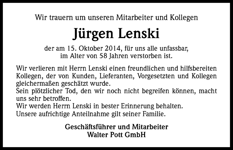  Traueranzeige für Jürgen Lenski vom 08.11.2014 aus Kölner Stadt-Anzeiger / Kölnische Rundschau / Express