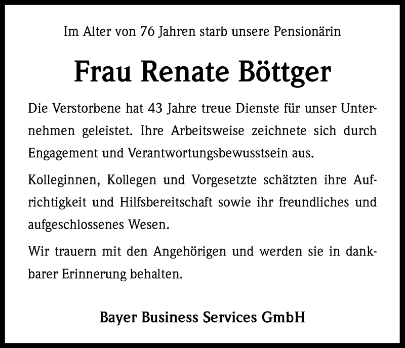  Traueranzeige für Renate Böttger vom 06.11.2014 aus Kölner Stadt-Anzeiger / Kölnische Rundschau / Express