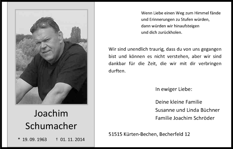  Traueranzeige für Joachim Schumacher vom 06.11.2014 aus Kölner Stadt-Anzeiger / Kölnische Rundschau / Express