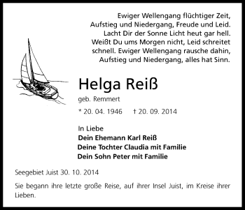Anzeige von Helga Reiß von Kölner Stadt-Anzeiger / Kölnische Rundschau / Express