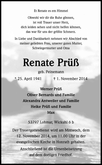 Anzeige von Renate Prüß von Kölner Stadt-Anzeiger / Kölnische Rundschau / Express