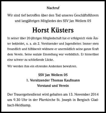 Anzeige von Horst Küsters von Kölner Stadt-Anzeiger / Kölnische Rundschau / Express