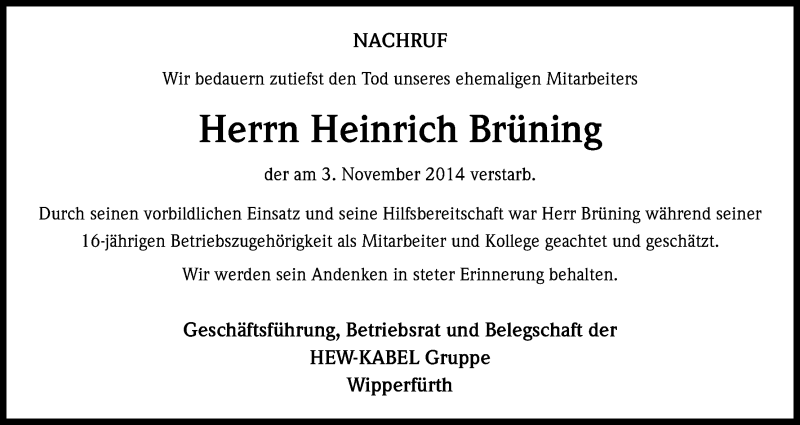  Traueranzeige für Heinrich Brüning vom 08.11.2014 aus Kölner Stadt-Anzeiger / Kölnische Rundschau / Express