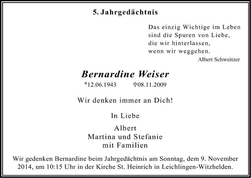  Traueranzeige für Bernardine Weiser vom 08.11.2014 aus Kölner Stadt-Anzeiger / Kölnische Rundschau / Express