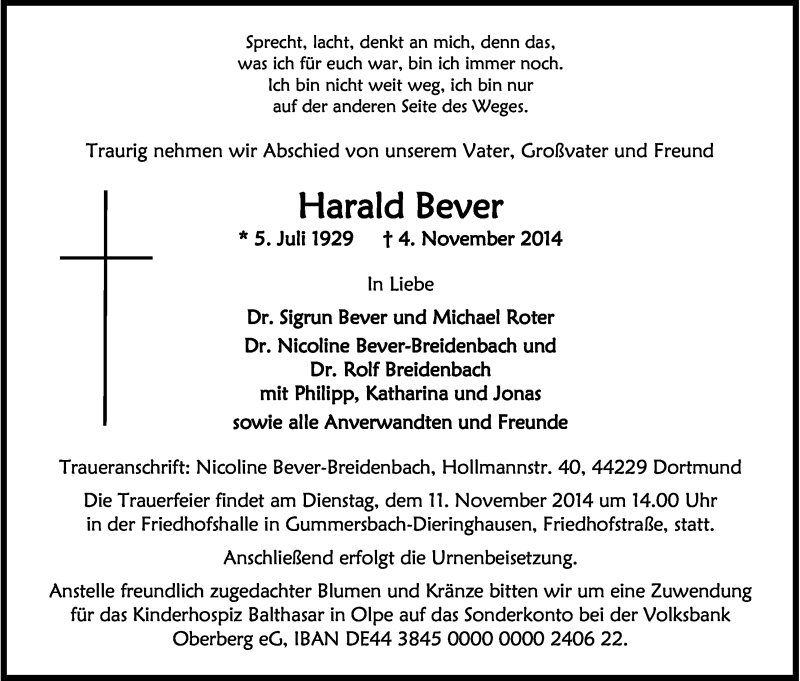  Traueranzeige für Harald Bever vom 08.11.2014 aus Kölner Stadt-Anzeiger / Kölnische Rundschau / Express