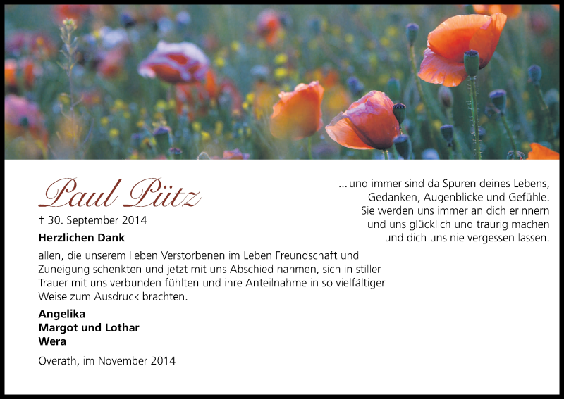 Traueranzeige für Paul Pütz vom 08.11.2014 aus Kölner Stadt-Anzeiger / Kölnische Rundschau / Express