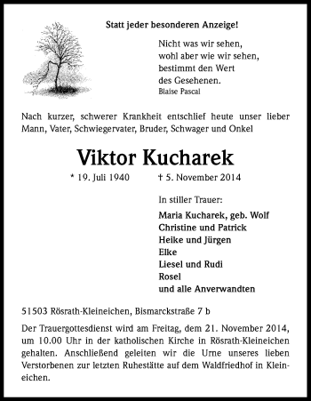 Anzeige von Viktor Kucharek von Kölner Stadt-Anzeiger / Kölnische Rundschau / Express