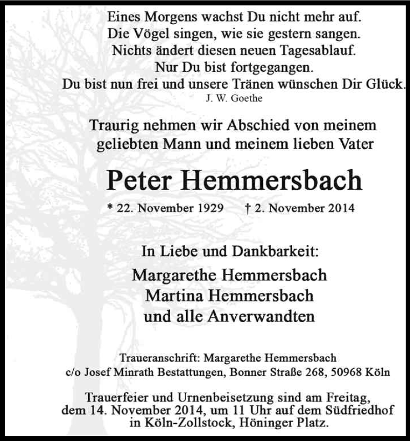  Traueranzeige für Peter Hemmersbach vom 08.11.2014 aus Kölner Stadt-Anzeiger / Kölnische Rundschau / Express