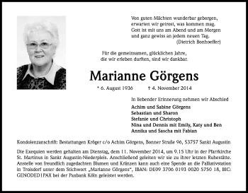 Anzeige von Marianne Görgens von Kölner Stadt-Anzeiger / Kölnische Rundschau / Express