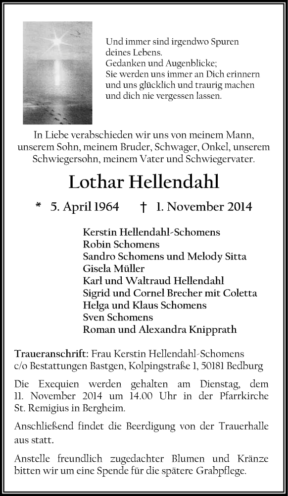  Traueranzeige für Lothar Hellendahl vom 08.11.2014 aus Kölner Stadt-Anzeiger / Kölnische Rundschau / Express