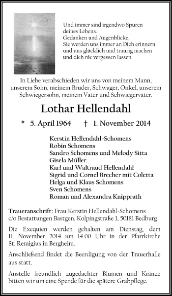 Anzeige von Lothar Hellendahl von Kölner Stadt-Anzeiger / Kölnische Rundschau / Express