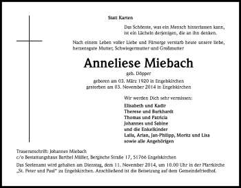 Anzeige von Anneliese Miebach von Kölner Stadt-Anzeiger / Kölnische Rundschau / Express