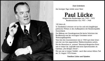 Anzeige von Paul Lücke von Kölner Stadt-Anzeiger / Kölnische Rundschau / Express