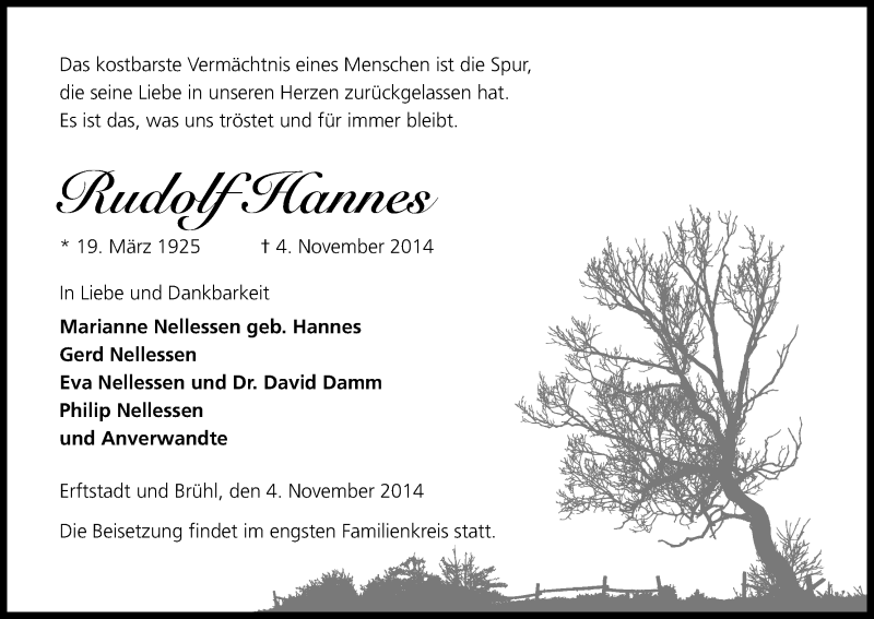  Traueranzeige für Rudolf Hannes vom 08.11.2014 aus Kölner Stadt-Anzeiger / Kölnische Rundschau / Express