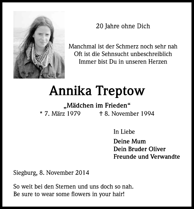  Traueranzeige für Annika Treptow vom 08.11.2014 aus Kölner Stadt-Anzeiger / Kölnische Rundschau / Express