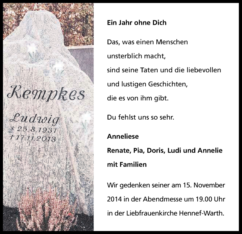  Traueranzeige für Ludwig Kempkes vom 10.11.2014 aus Kölner Stadt-Anzeiger / Kölnische Rundschau / Express