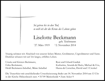 Anzeige von Liselotte Beckmann von Kölner Stadt-Anzeiger / Kölnische Rundschau / Express