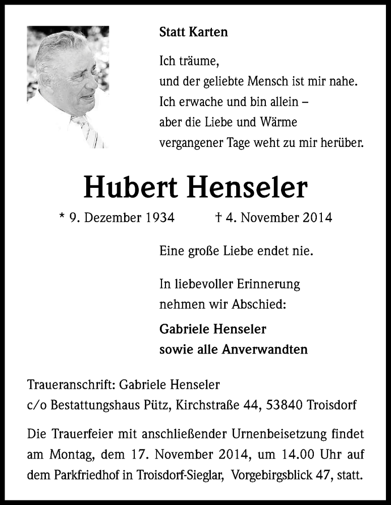  Traueranzeige für Hubert Henseler vom 08.11.2014 aus Kölner Stadt-Anzeiger / Kölnische Rundschau / Express
