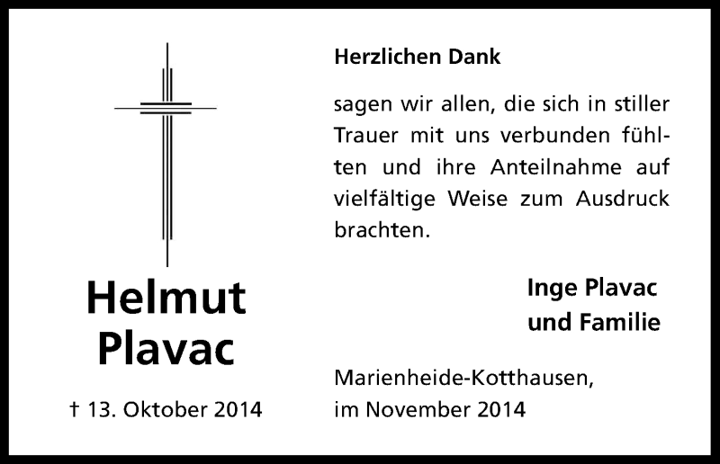  Traueranzeige für Helmut Plavac vom 15.11.2014 aus Kölner Stadt-Anzeiger / Kölnische Rundschau / Express