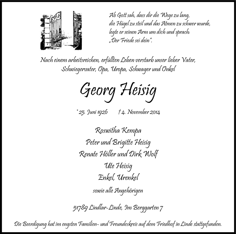  Traueranzeige für Georg Heisig vom 08.11.2014 aus Kölner Stadt-Anzeiger / Kölnische Rundschau / Express
