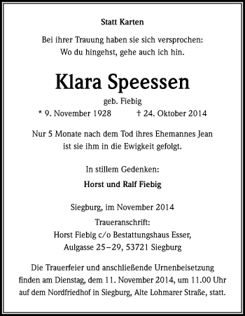 Anzeige von Klara Speessen von Kölner Stadt-Anzeiger / Kölnische Rundschau / Express
