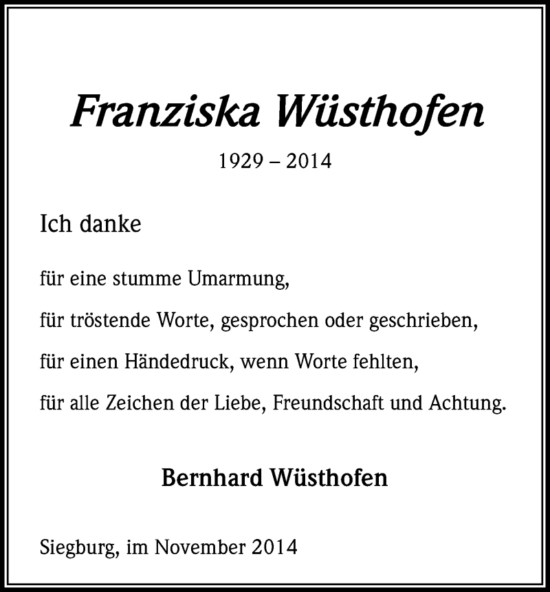  Traueranzeige für Franziska Wüsthofen vom 08.11.2014 aus Kölner Stadt-Anzeiger / Kölnische Rundschau / Express