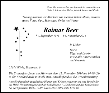 Anzeige von Raimar Beer von Kölner Stadt-Anzeiger / Kölnische Rundschau / Express