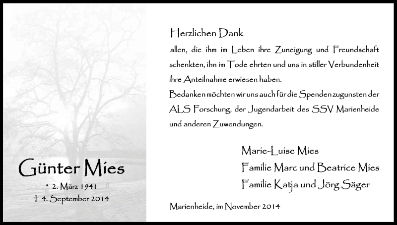  Traueranzeige für Günter Mies vom 08.11.2014 aus Kölner Stadt-Anzeiger / Kölnische Rundschau / Express