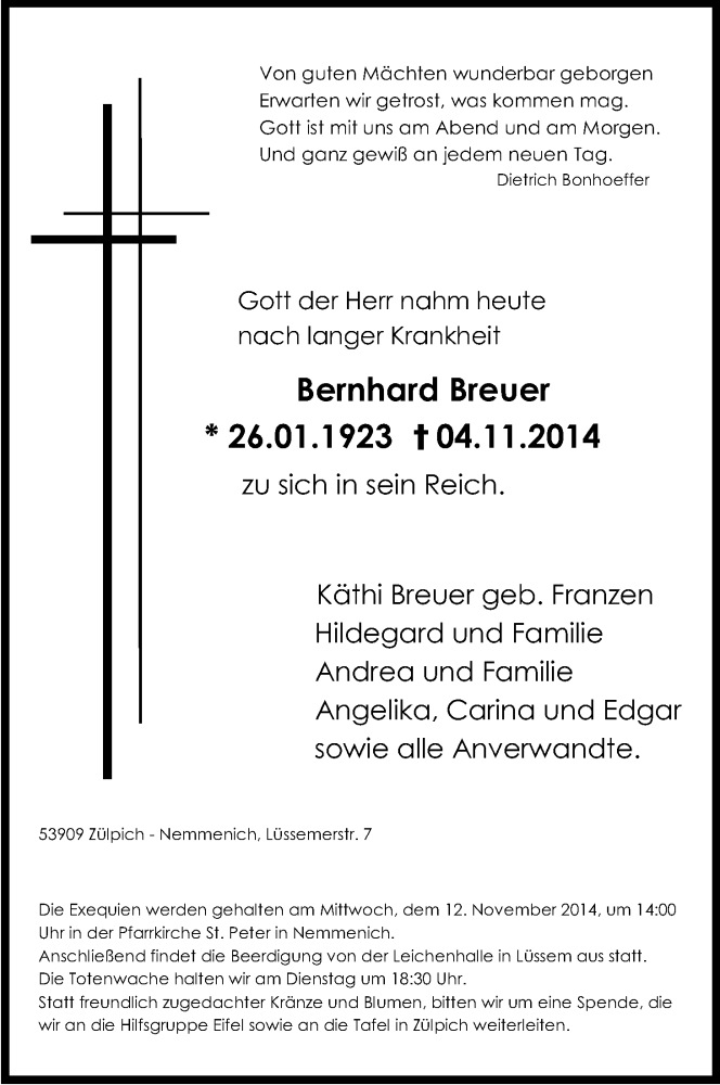  Traueranzeige für Bernhard Breuer vom 08.11.2014 aus Kölner Stadt-Anzeiger / Kölnische Rundschau / Express