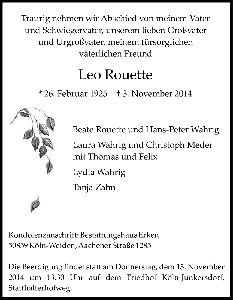  Traueranzeige für Leo Rouette vom 08.11.2014 aus Kölner Stadt-Anzeiger / Kölnische Rundschau / Express