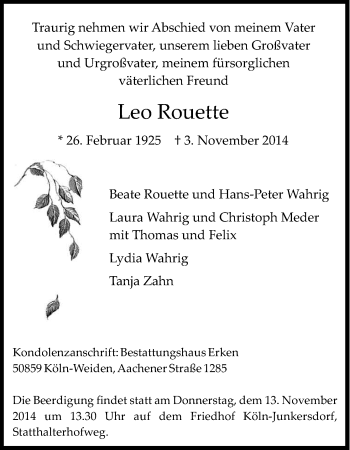 Anzeige von Leo Rouette von Kölner Stadt-Anzeiger / Kölnische Rundschau / Express