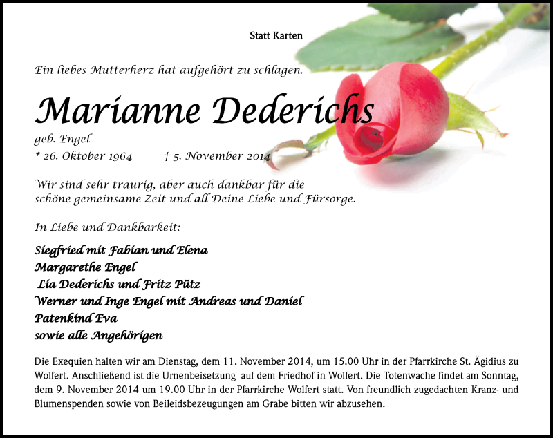  Traueranzeige für Marianne Dederichs vom 07.11.2014 aus Kölner Stadt-Anzeiger / Kölnische Rundschau / Express