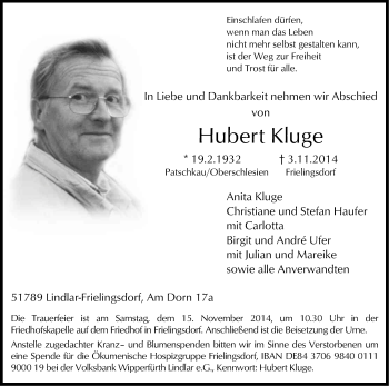 Anzeige von Hubert Kluge von Kölner Stadt-Anzeiger / Kölnische Rundschau / Express